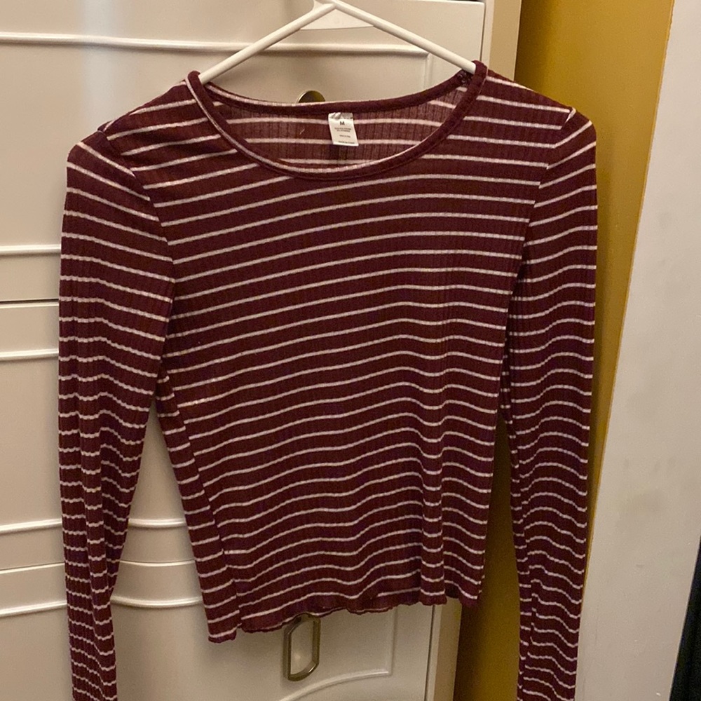 maroon and white striped tight fitted long sleeve